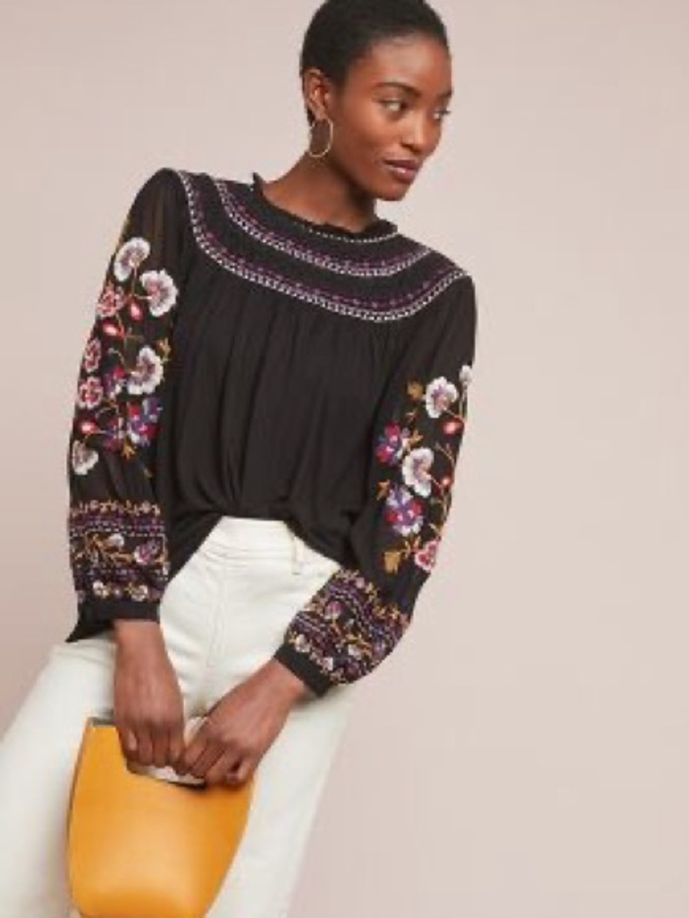 Anthropologie Black Embroidered Boho Top